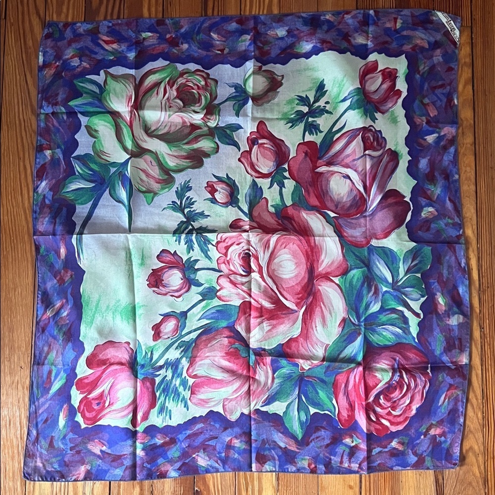 Vintage Madame Brico Pure Silk Floral Rose Scarf - Purple & Pink Jewel Tones